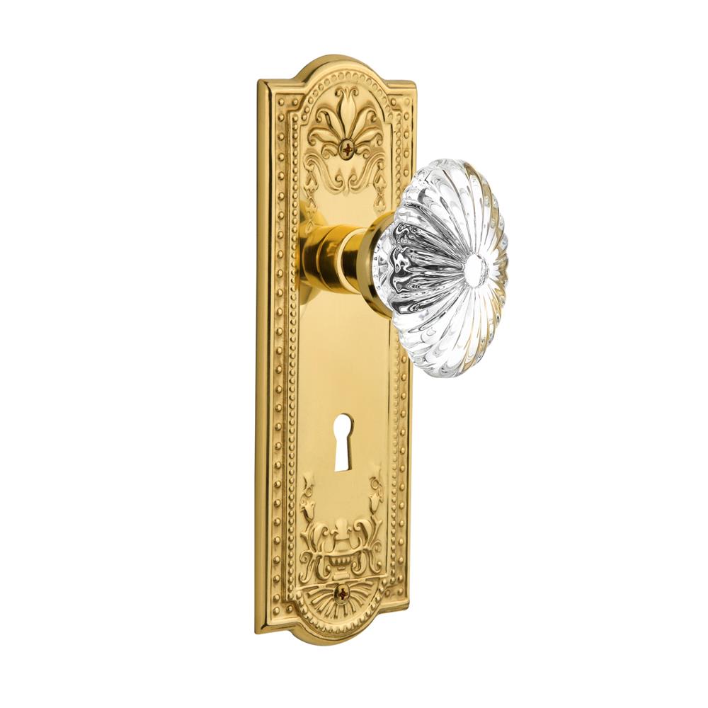 Nostalgic Warehouse MEAOFC Mortise Meadows Plate with Oval Fluted Crystal Knob and Keyhole in Unlacquered Brass